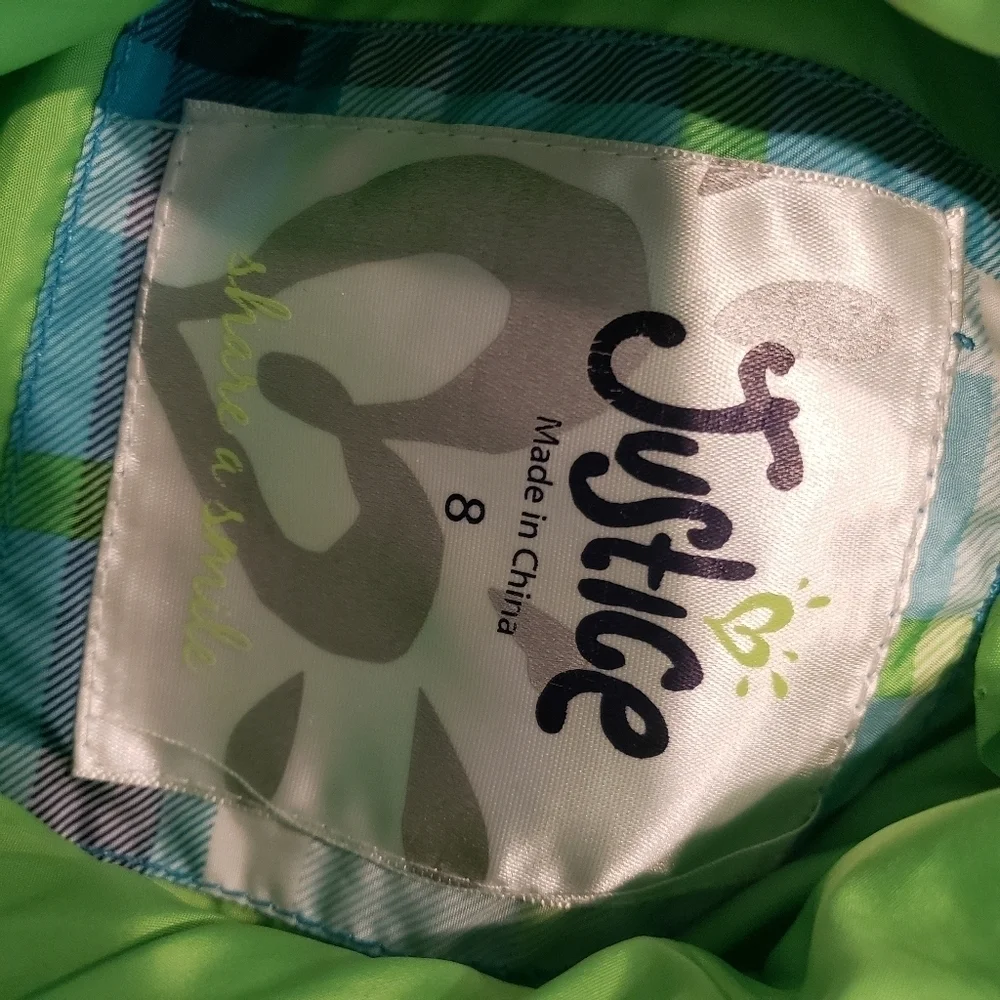 Justice Girls Medium 8 Lime Neon Green Puffer Vest Quilted Toggle Spring